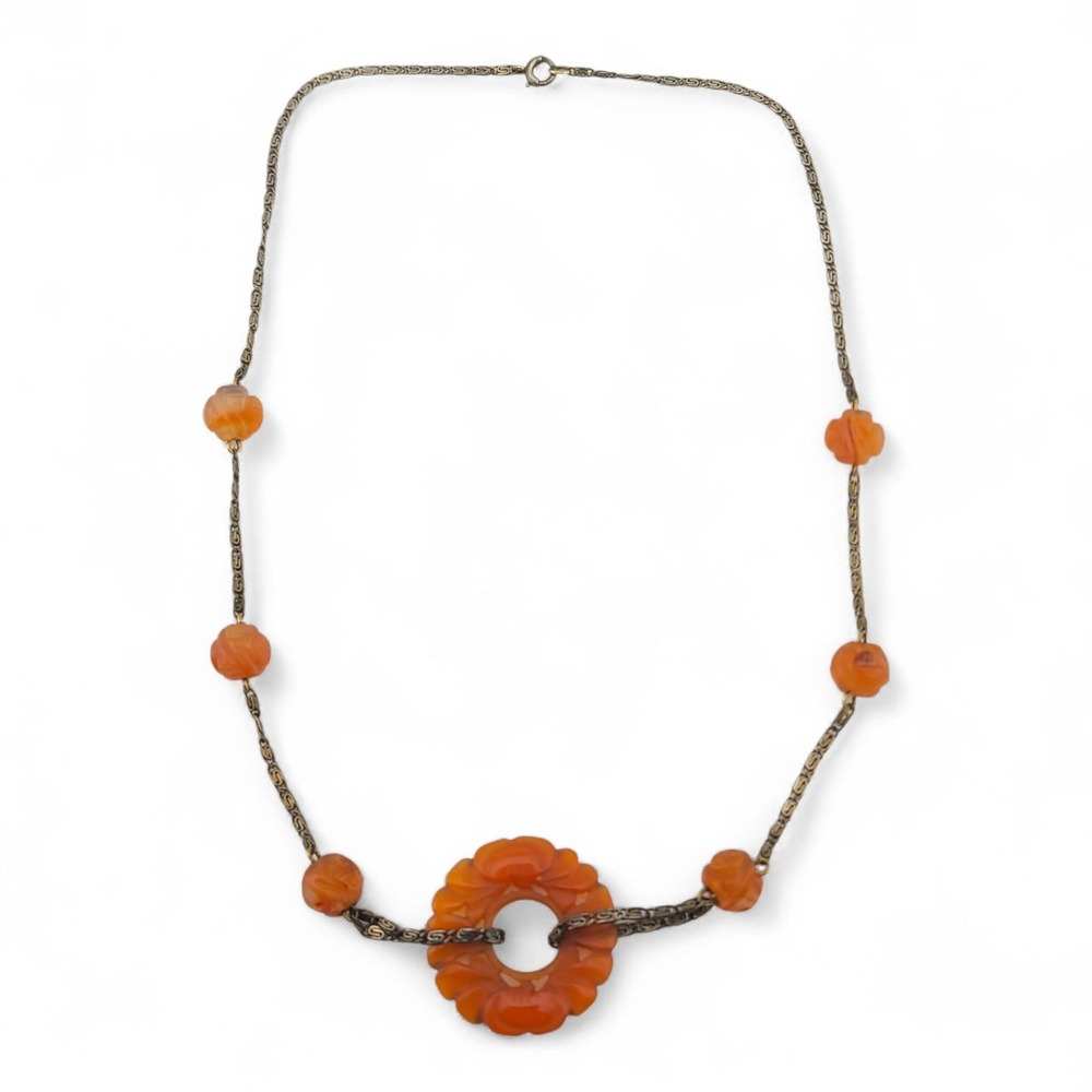 Antique Art Deco Necklace Sterling Silver Carved Carnelian Etruscan Style Chain